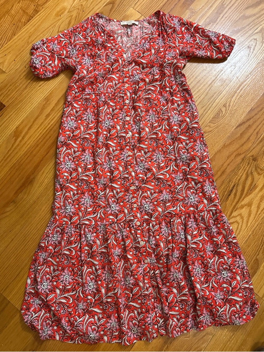LOFT Pink and Red Floral Summer Dress with Pockets, Size small